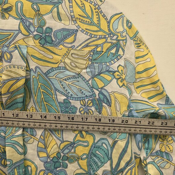 J McLaughlin Size Large Linen Shirt Aqua Yellow Tropical Print Button Down - Picture 7 of 8